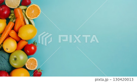 Vibrant fresh produce forming a colorful border against a turquoise backdrop, providing ample copy space while promoting healthy eating and culinary inspiration 130420013