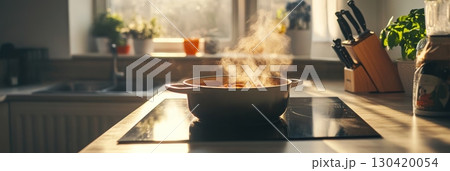 Warm sunlight streaming through the window highlights a modern kitchen, with a steaming pot resting on the induction cooktop, creating a cozy and inviting atmosphere perfect for home cooking 130420054