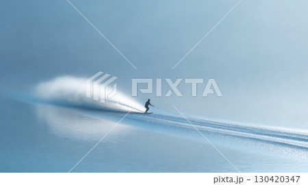 Lone waterskier creates a dramatic spray while gliding across serene blue waters, showcasing skill and excitement in a perfect blend of sport and nature 130420347