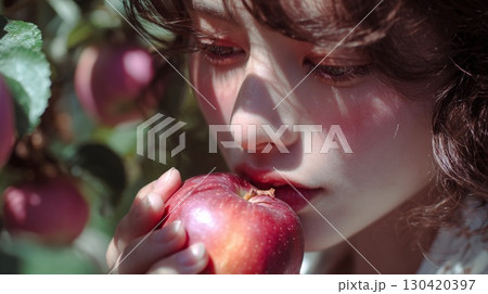 瑞々しいリンゴに顔を近づける女性|フレッシュ、健康、美容、秋、自然 瑞々しいリンゴに顔を近づける女性|フレッシュ、健康、美容、秋、自然 130420397