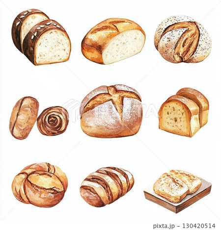 Watercolor wheat bread. Bakery picture for design on white background 130420514