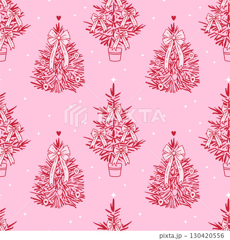 Seamless pattern with hand drawn Christmas trees decorated ribbons, bows, baubles and ornaments on light pink background. Decorative holiday vector design with red contours. 130420556
