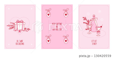 Hand drawn la dolce vita Christmas party invitations set. Vector illustration cards with bows, gift box and cocktails. Minimalist winter line art for stationery, printables, social media. Hand drawn la dolce vita Christmas party invitations set. Vector illustration cards with bows, gift box and cocktails. Minimalist winter line art for stationery, printables, social media. 130420559