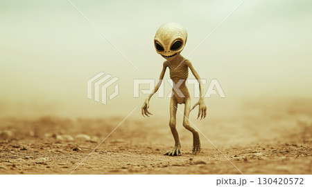 Slim gray alien wandering desolate planetary landscape, oversized dark eyes scanning unknown terrain, elongated claws moving cautiously across barren ground 130420572