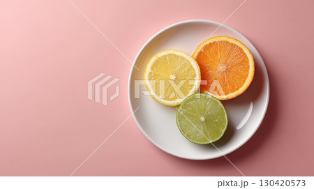 Sliced lemon, orange, and lime arranged on a white plate against a vibrant pink backdrop, embodying the essence of refreshing summer detox beverages 130420573