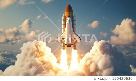 Powerful space shuttle launching from earth, ascending through clouds with bright flames and smoke, against a backdrop of blue sky, embarking on a journey into the vast expanse of outer space 130420630