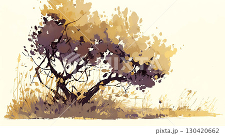 Watercolor illustration of a solitary shrub with vibrant foliage, showcasing a blend of earthy tones and textures, set against a soft, neutral background, evoking a sense of tranquility and nature 130420662