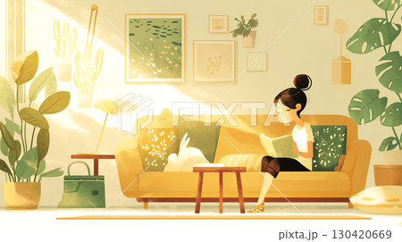 Young woman reading a book on a cozy yellow sofa in a bright living room, surrounded by indoor plants and warm sunlight, creating a serene atmosphere for relaxation 130420669