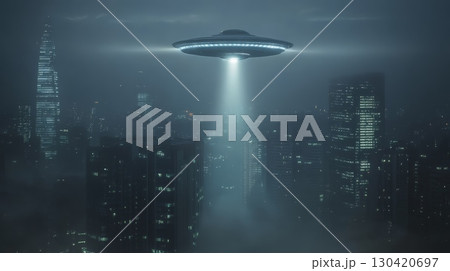 Gigantic alien spaceship hovering over a futuristic metropolis at night, casting a brilliant light beam through the fog that envelops towering skyscrapers, creating a mysterious atmosphere 130420697
