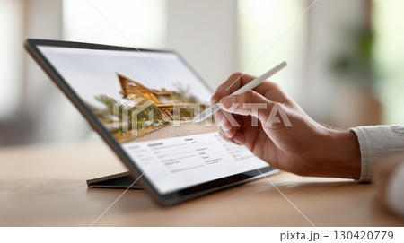 Real estate agent using a digital pen on a tablet, browsing property listings, evaluating features, and calculating expenses for buying or renting a new home Real estate agent using a digital pen on a tablet, browsing property listings, evaluating features, and calculating expenses for buying or renting a new home 130420779