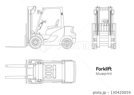 Outline forklift drawing. Isolated linear cargo loader. Side, front and top view of industrial machine. Contour blueprint of warehouse transport. Logistic vehicle 130420859