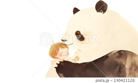 Child embracing a giant panda in a warm, affectionate moment, showcasing the bond between humans and animals in a whimsical illustration style with soft colors Child embracing a giant panda in a warm, affectionate moment, showcasing the bond between humans and animals in a whimsical illustration style with soft colors 130421128