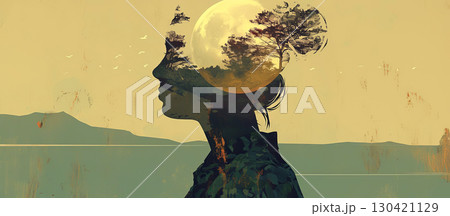 A captivating blend of nature and calm in this artistic piece. The silhouette merges with serene landscapes A captivating blend of nature and calm in this artistic piece. The silhouette merges with serene landscapes 130421129