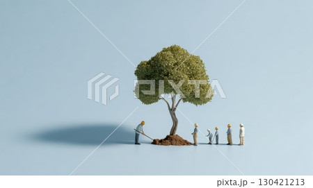 Miniature construction workers are planting a tree, symbolizing environmental responsibility and sustainable practices in the construction industry 130421213