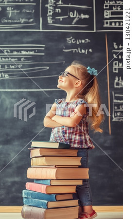 Cute young student wearing eyeglasses standing on a stack of books in a classroom, looking up and smiling with arms crossed, in front of a blackboard with scribbled math formulas 130421221