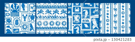 Tropical summer pattern. Hawaii seamless background. Retro exotic vacation print. Mediterranean texture with frame, animal, sea elements. Vintage nature patchwork. Vector set 130421283