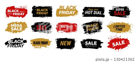 Black Friday sale badge. Promotional label. Grunge black, red, white, gold stickers with mega discounts, shopping events, best deals, special offers. Brush stroke frames. Vector set Black Friday sale badge. Promotional label. Grunge black, red, white, gold stickers with mega discounts, shopping events, best deals, special offers. Brush stroke frames. Vector set 130421302