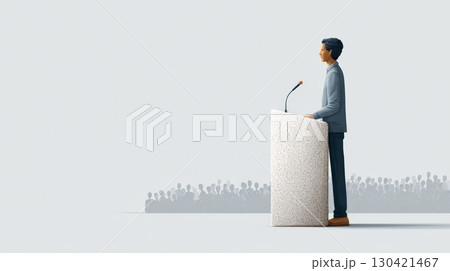 Politician standing at a podium, delivering a speech to a crowd of reporters during a press conference focused on immigration raids and rising civil unrest in society 130421467