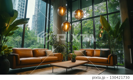 Modern Luxury Living Room with Large Windows and Forest View 130421730