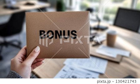 Employee Holding Bonus Envelope in a Modern Office Setting 130421743