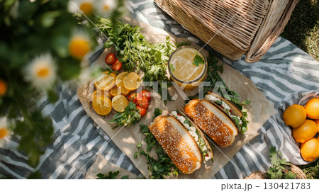 Summer Picnic with Sandwiches and Iced Tea on Blanket 130421783