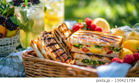 Picnic Basket with Grilled Sandwiches and Fresh Vegetables 130421784