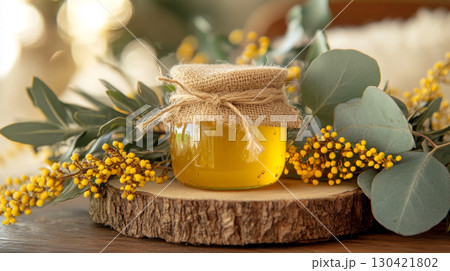 Rustic Jar of Golden Honey with Flowers and Wooden Decor 130421802