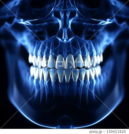 Mysterious neon blue skull radiates an eerie glow, highlighting intricate details and casting an atmospheric vibe. 130421820