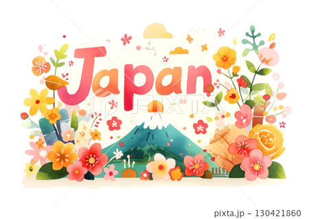 A vibrant watercolor depiction of Japan, featuring Mount Fuji surrounded by colorful flowers 130421860