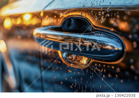 Wet car door handle covered in glistening water droplets. Warm golden light reflects on the shiny metallic surface with blurred bokeh lights in the background. 130422038