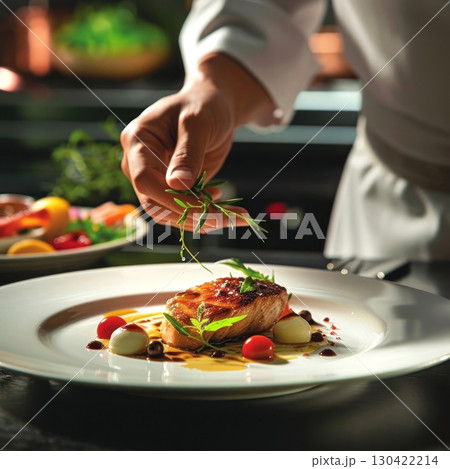 Indulge in fine dining with this exquisite dish being meticulously garnished by a chef hand 130422214