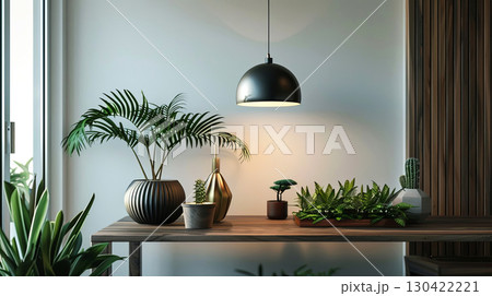 Elevate your interior with this modern setup, featuring sleek pendant lighting and vibrant potted plants 130422221