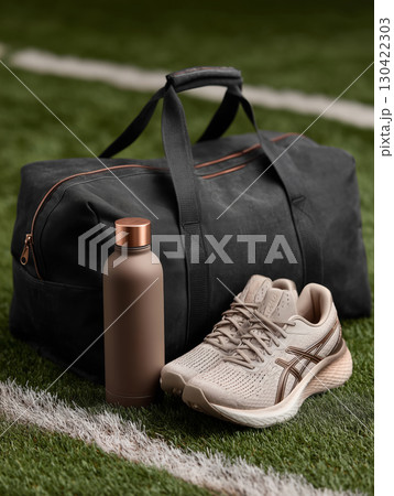 Stylish black gym duffle bag with sneakers and water bottle on green turf 130422303