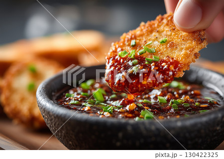 Hand dipping flavorful chamoy pickle slice into spicy sauce bowl Hand dipping flavorful chamoy pickle slice into spicy sauce bowl 130422325