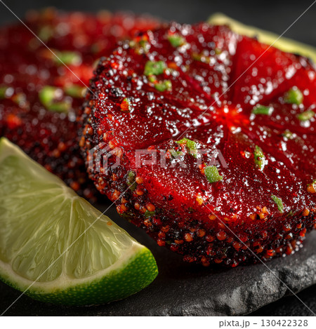 Vivid macro close-up reveals the tangy delight of chamoy pickle 130422328