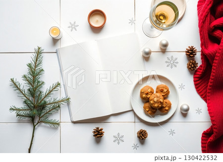 New Year's coziness with cookies, wine and candles 130422532