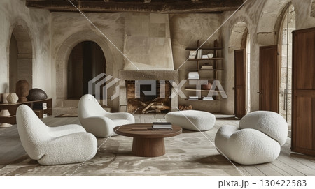 Chic living room featuring a harmonious fusion of rustic and modern design elements 130422583