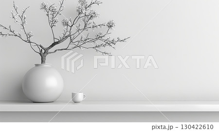 Elegant minimalist living room design showcasing wooden console, ceramic bowl, and personal touches 130422610