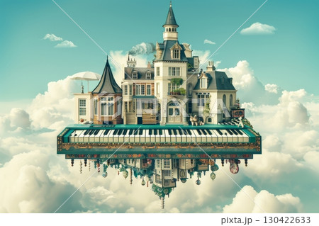 Fantasy Floating Cityscape with Piano. Surreal Architecture Among Clouds in Sky, Dreamscape Image 130422633