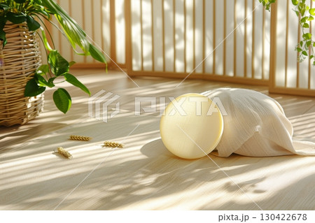 Serene Still Life Composition Featuring Potted Plant, Round Soap, Textured Linen Cloth, and Grains 130422678