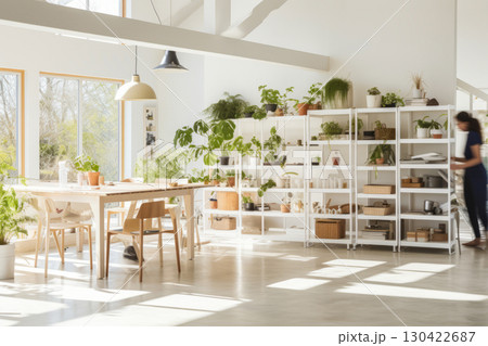 Interior of a living room with numerous shelves with indoor plants 130422687