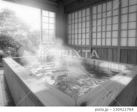 湯けむり漂うプライベートな木造露天風呂。AI生成画像。 130422764