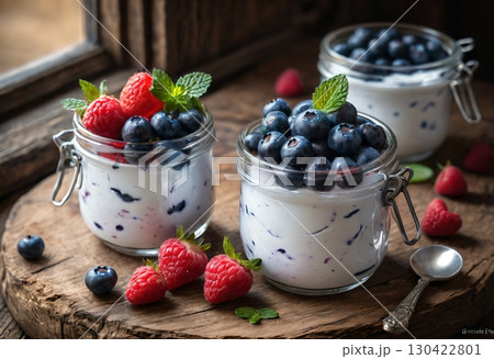 Homemade yogurt in jars with blueberries and raspberries on wood 130422801