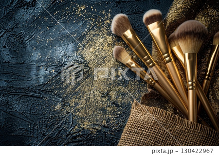 Stylish flat lay of open makeup bag with brushes on a sparkling black glitter backdrop 130422967