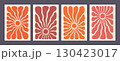 Retro sun or flower art poster set in red and orange tones with bold organic rays on textured background. Sun art in abstract retro style. Great for wall art, cards, prints, and summer decor 130423017