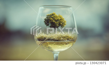 Tree growing inside a wine glass on a grassy base in a surreal setting 130423071