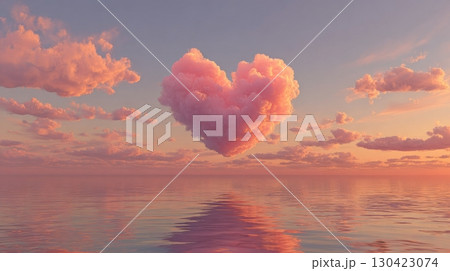 Heart-shaped pink cloud over tranquil ocean at sunset, surreal dreamscape 130423074