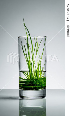 Water glass with fresh green grass immersed and reflected on a reflective surface 130423075