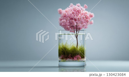 Cherry blossom tree in a glass vase with grass underwater, 3d digital art scene Cherry blossom tree in a glass vase with grass underwater, 3d digital art scene 130423084