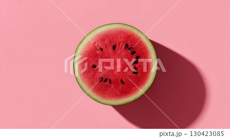 Watermelon slice on pink background casting a shadow, top view photo Watermelon slice on pink background casting a shadow, top view photo 130423085